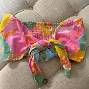 Show Me Your MuMu Pink Yellow Green Floral Tie-Front Strapless Crop Top